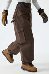 Women's Brown Thermal Waterproof Utility Cargo Baggy Snow Pants