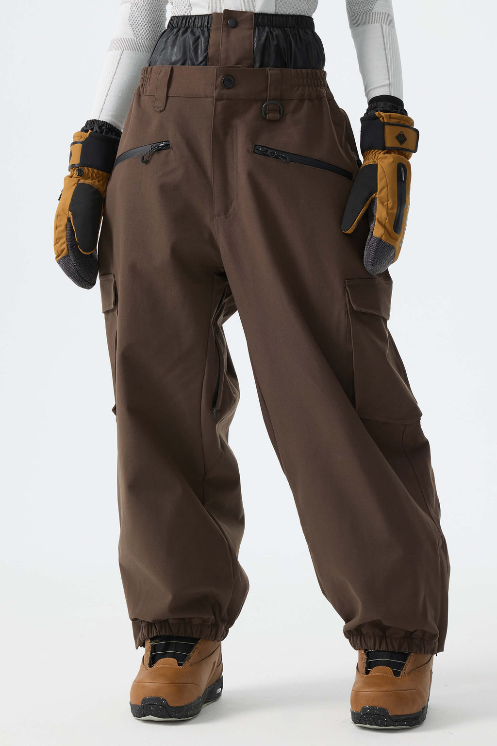 Women's Brown Thermal Waterproof Utility Cargo Baggy Snow Pants