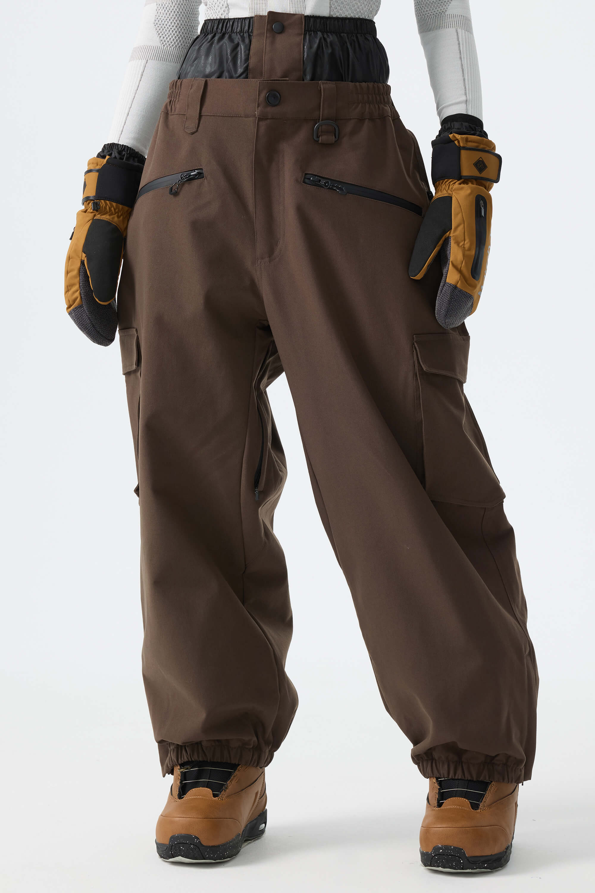 Women's Brown Thermal Waterproof Utility Cargo Baggy Snow Pants
