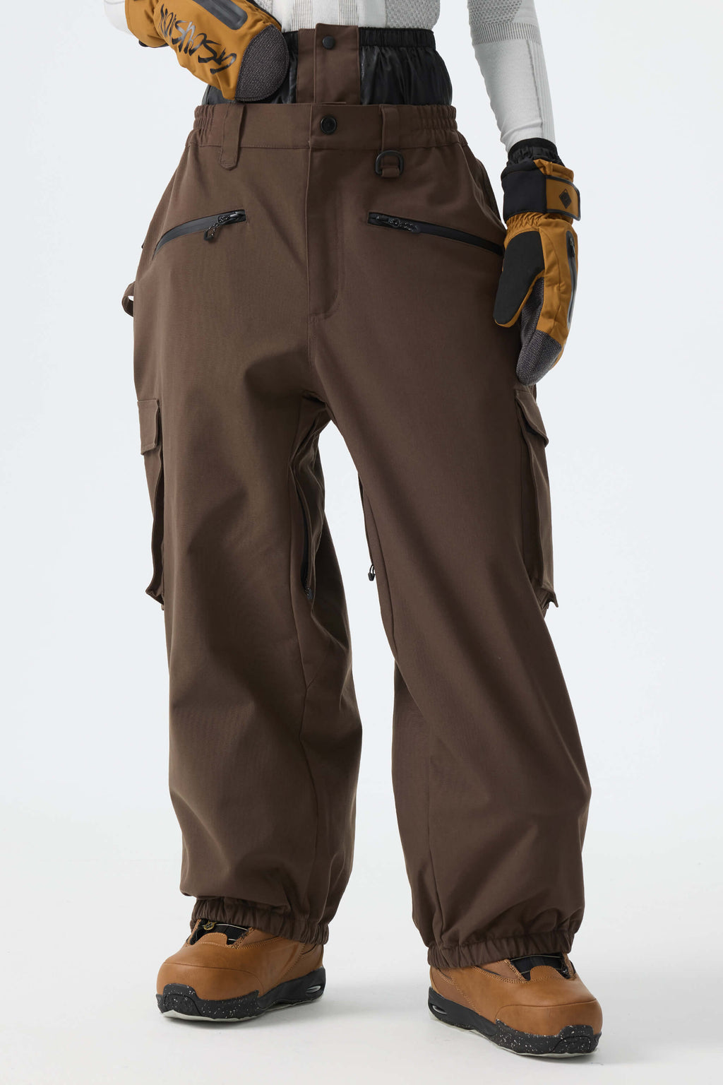 Women's Brown Thermal Waterproof Utility Cargo Baggy Snow Pants