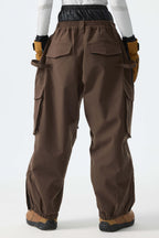 Women's Brown Thermal Waterproof Utility Cargo Baggy Snow Pants