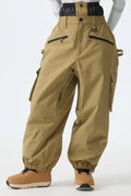 Women's Khaki Thermal Waterproof Utility Cargo Baggy Snow Pants