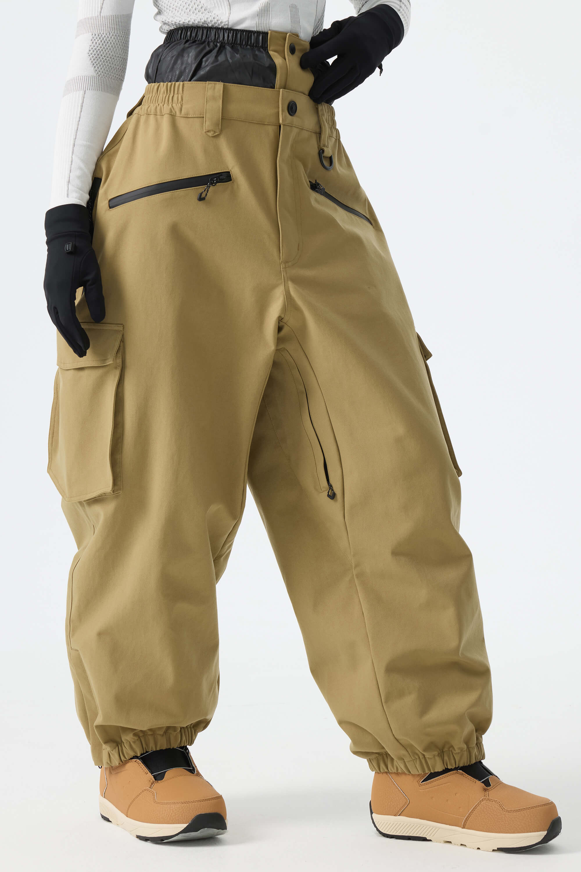 Women's Khaki Thermal Waterproof Utility Cargo Baggy Snow Pants