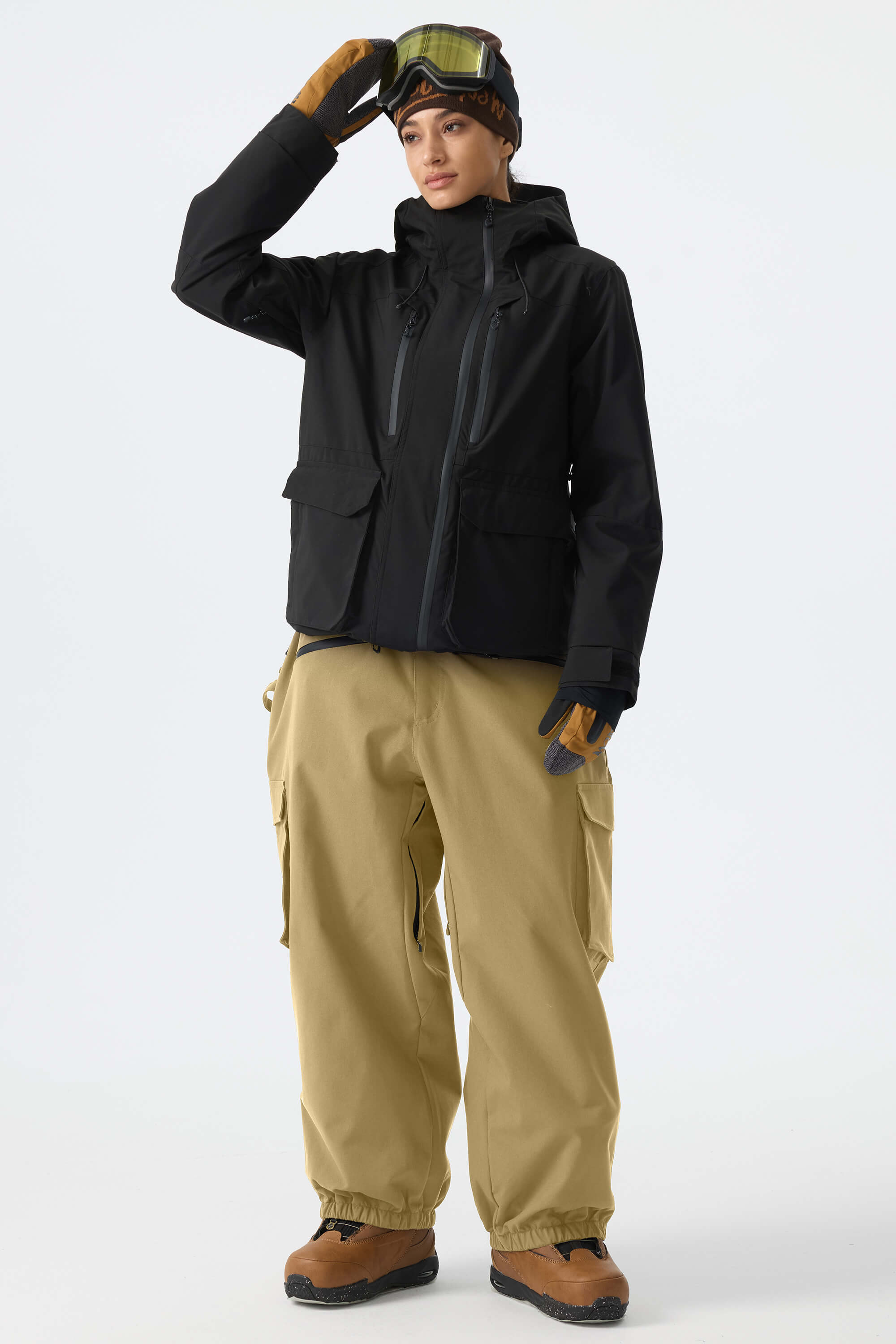 Women's Khaki Thermal Waterproof Utility Cargo Baggy Snow Pants