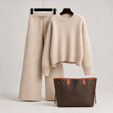 Luxury Beige Knit Sweater and Wide Leg Pants Set Styled with a Monogram Neverfull GM