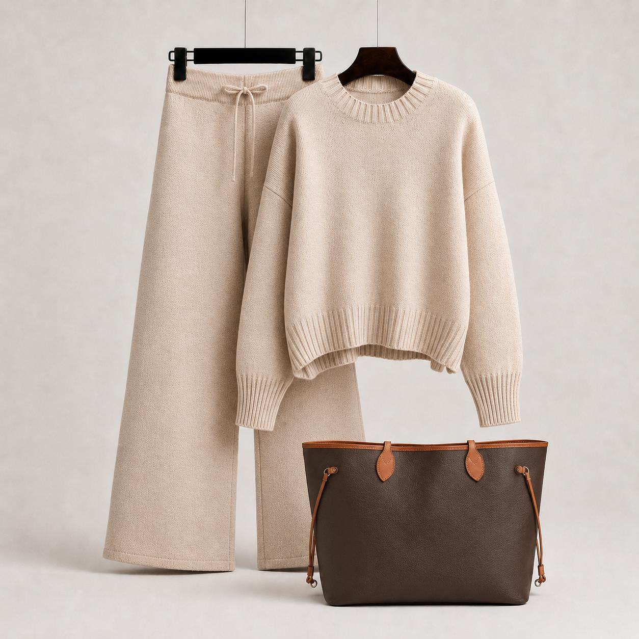 Luxury Beige Knit Sweater and Wide Leg Pants Set Styled with a Monogram Neverfull GM