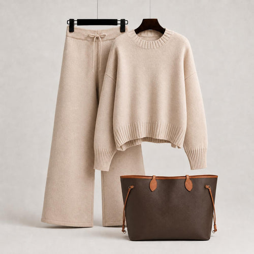 Luxury Beige Knit Sweater and Wide Leg Pants Set Styled with a Monogram Neverfull GM